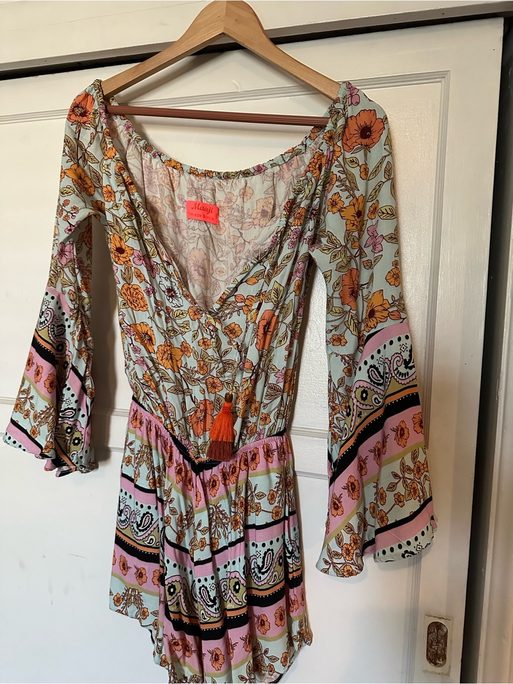 Maaji Floral Mixed-Print Bell Sleeve Romper in Mint, Pink & Orange